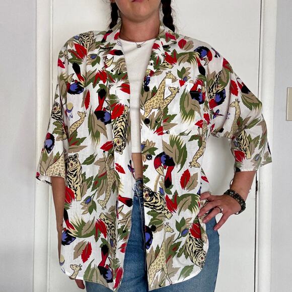 Rhapsody Safari Jungle Print Button Up Cotton Blouse Vintage 1990s Size Large - Picture 3 of 12
